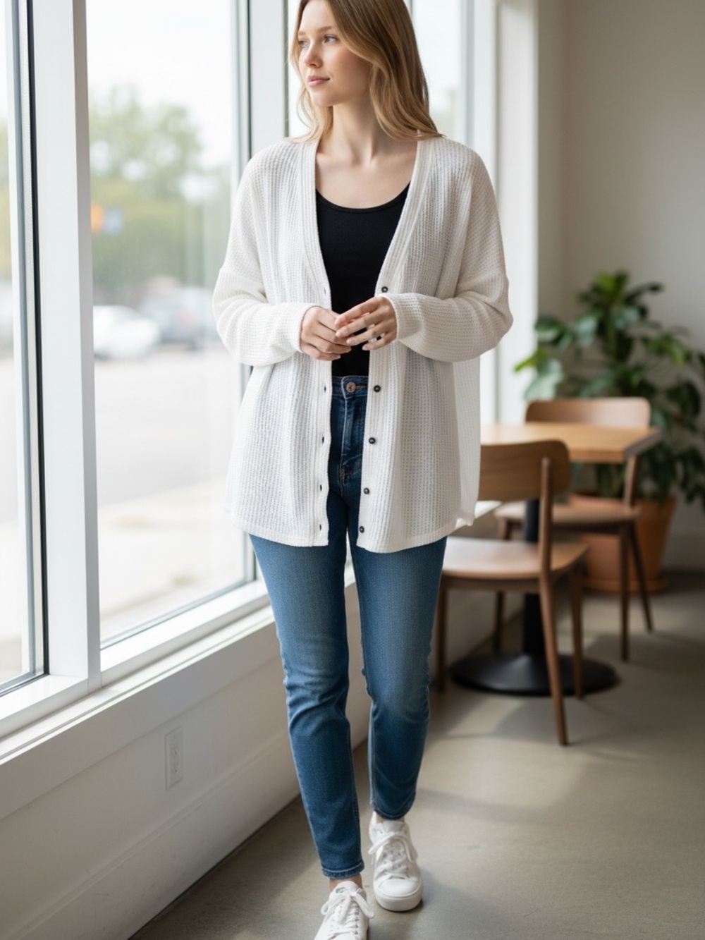 Rachel White Waffle-Knit V-Neck Button Cardigan Sm
